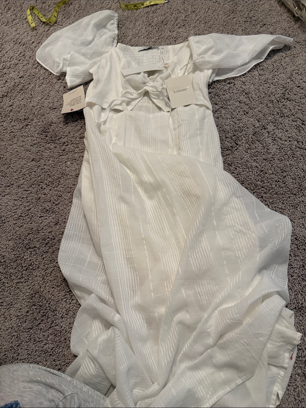 bohme White Puff-Sleeve Midi Dress with Front Tie - Picture 2 of 6